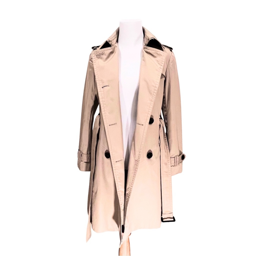 Classic Beige Light Khaki Double-Breasted Belted Trench Rain Coat Jacket - XS